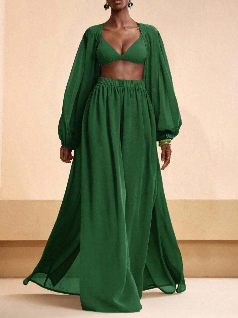 Green Women's Pleated Robe And Wide Leg Pants Set - Picture 3 of 7